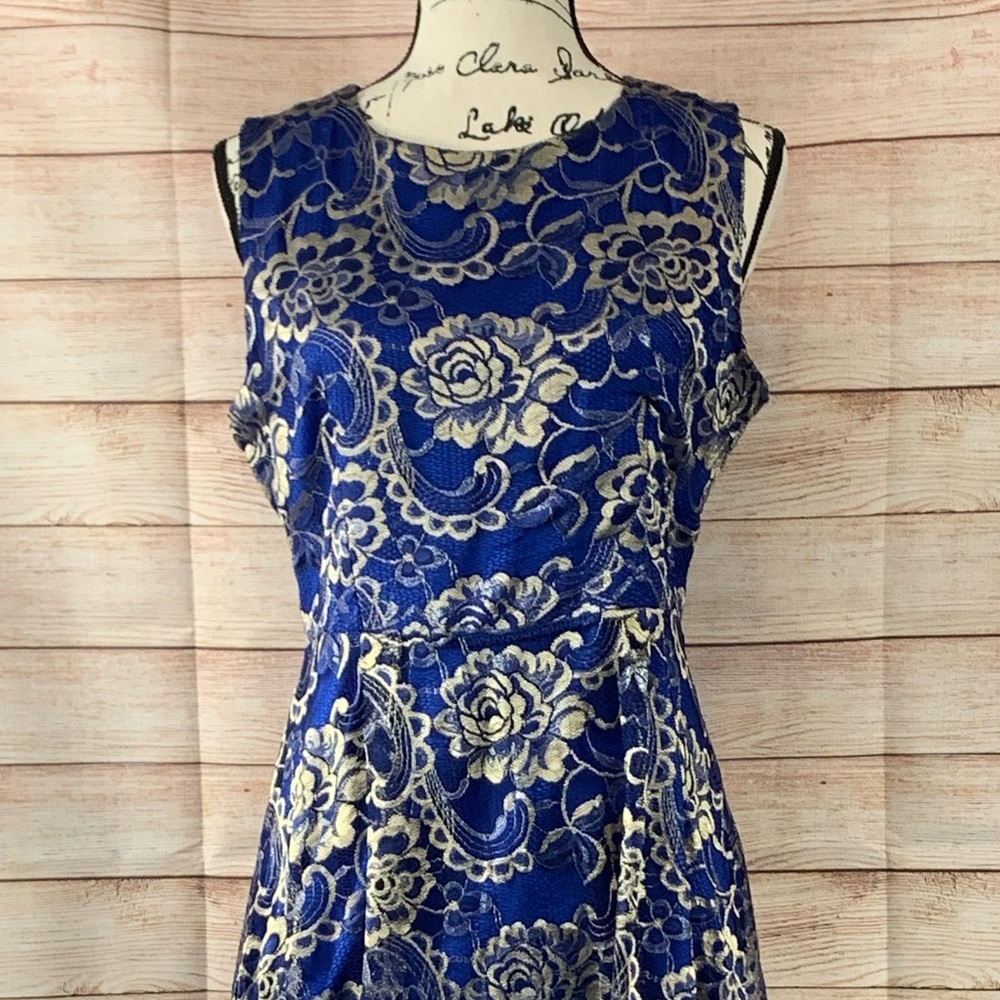 Migeer Blue Sleeveless with Gold Overlay Dress - Picture 2 of 7
